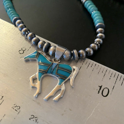 Navajo Horse Inlay Pendant | Blue Turquoise & Opal | Sterling Silver | Authentic Native American Handmade | 11469