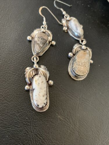 Navajo White Buffalo Turquoise Dangle Earrings | Sterling Silver | 2.5" | Authentic Native American Handmade | 12154
