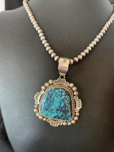 Navajo Blue Spiderweb Turquoise Pendant | Sterling Silver | Authentic Native American Handmade | 10232