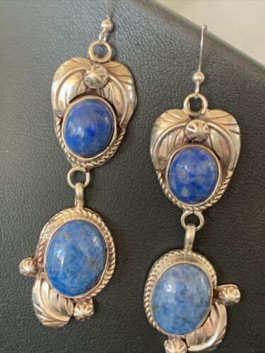 Native American Navajo Denim Lapis Dangle Earrings | Sterling Silver | 2" | 1679