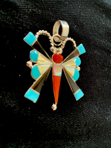 Zuni Turquoise Spiny Oyster Mother of Pearl Butterfly Necklace Pin Pendant | Inlay | Sterling Silver | 1367