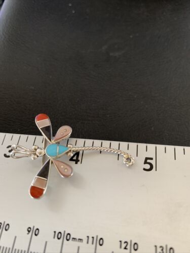 Turquoise & Mother of Pearl Inlay Dragonfly Necklace Pin Pendant | Zuni Sterling Silver | Native American Handmade | 12324