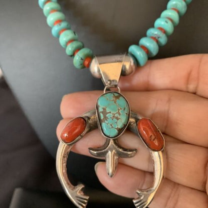 Navajo Sterling Silver Necklace | Blue Turquoise & Coral Naja Pendant | Authentic Native American Handmade | 13747