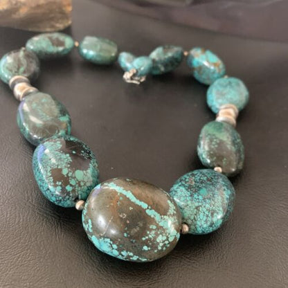 Chunky Navajo Pearl Graduated Turquoise Necklace | Sterling Silver | Authentic Native American Jewelry | 21" | 11904