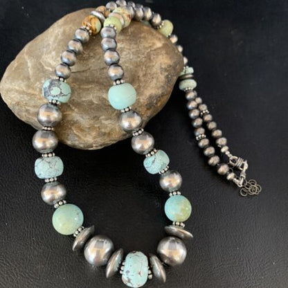 Dry Creek Turquoise Navajo Pearls Beaded Necklace | Sterling Silver | 25" | Authentic Native American Handmade | 14103 - Masha USA