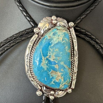 Navajo Blue Kingman Turquoise Bolo Tie | Sterling Silver | Authentic Native American Handmade | 14253