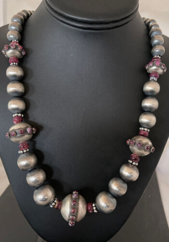 Navajo Purple Spiny Oyster Graduated Bead Necklace | Sterling Silver | Native American Handmade | 20" | 1144