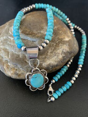 Navajo Blue Turquoise Pendant Necklace | Sterling Silver Pearls | Authentic Native American Handmade | 13218