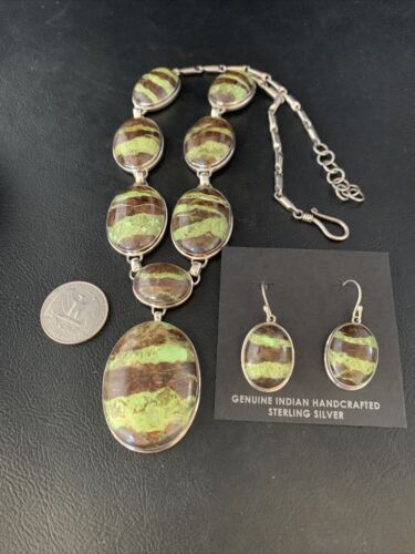 Navajo Green Gaspeite Necklace Choker Earrings Set | Sterling Silver Pendant | 19" | Authentic Native American Handmade | 13794