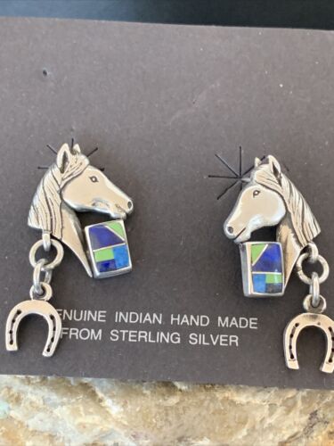 Navajo Blue Lapis & Turquoise Horse Inlay Earrings | Sterling Silver | 1" | Authentic Native American Handmade | 1514