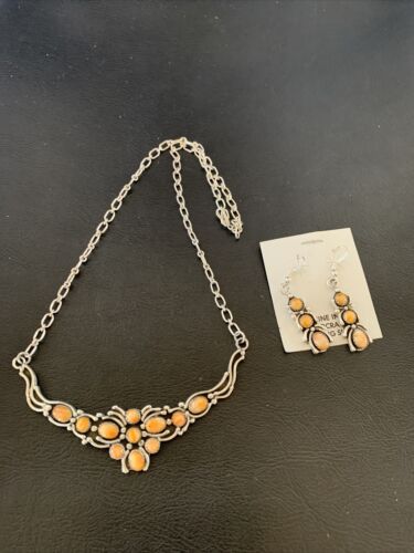 Navajo Orange Spiny Oyster Necklace & Earrings Set | Sterling Silver | Authentic Native American Handmade | 2102