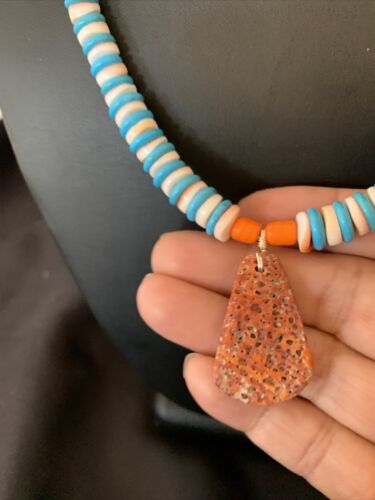 Santo Domingo Shell Pendant | Spiny Oyster & Blue Turquoise | 20" Necklace | Navajo | 12521
