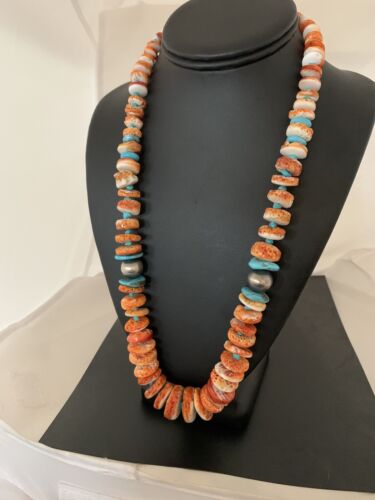 Navajo Pearls, Orange Spiny Oyster & Turquoise Necklace | Sterling Silver | Authentic Native American | 24"