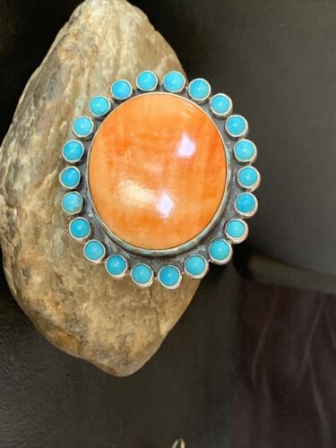 Navajo Blue Turquoise & Spiny Oyster Cluster Ring | Authentic Native American Sterling Silver | Multi-Stone | Sz 9-12 | 10628