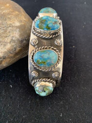 Navajo Green Sonoran Gold Turquoise Cuff Bracelet | Sterling Silver | 5 Stone | Authentic Native American Handmade | 864
