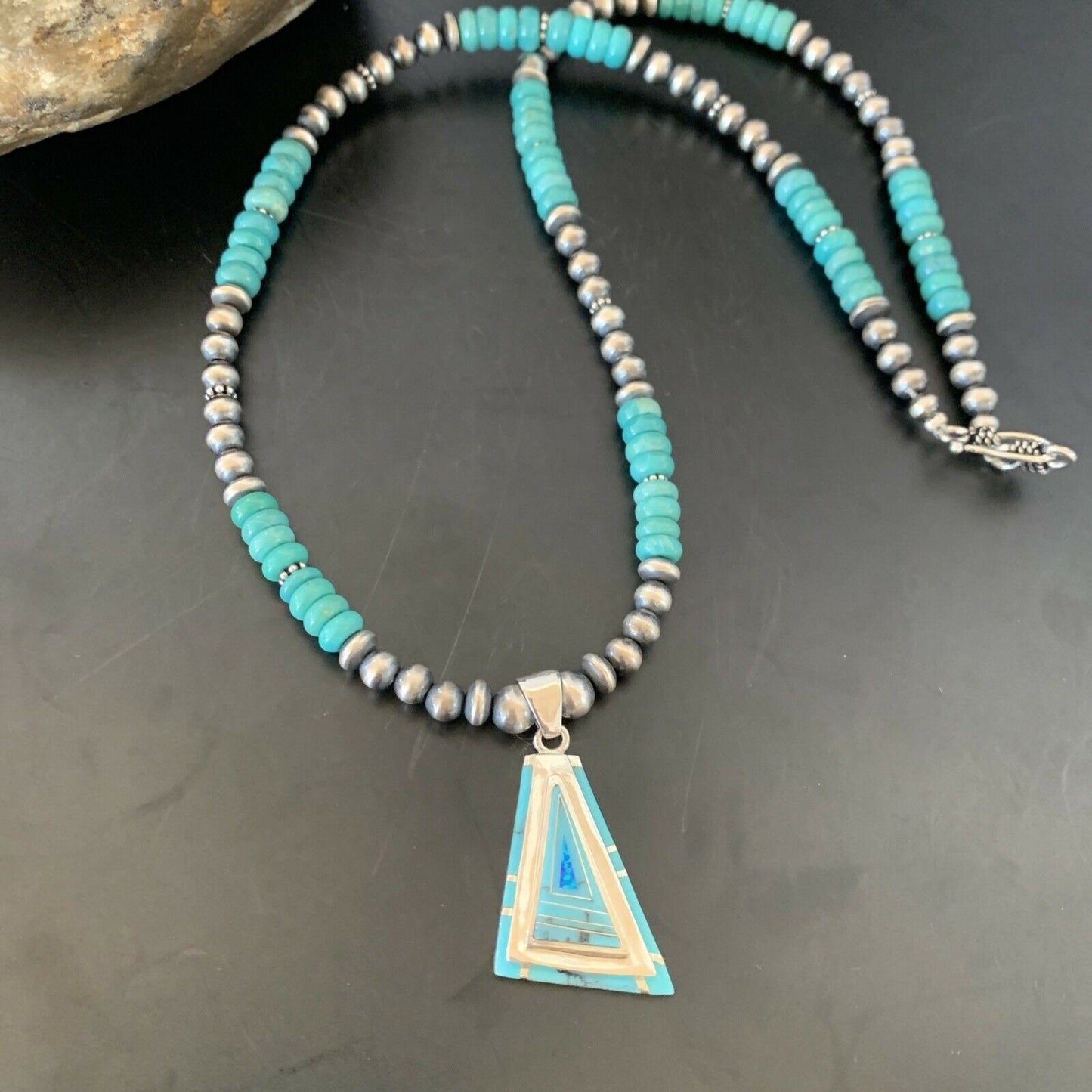 Authentic Native American Navajo Sterling Silver Pendant | Blue Turquoise & Opal Inlay Necklace | 11475