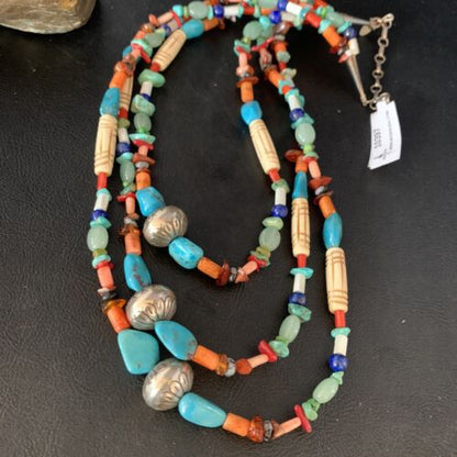 Native American Santo Domingo Spiny Blue Turquoise Necklace | 3-Strand Shell | 10397 - Masha USA