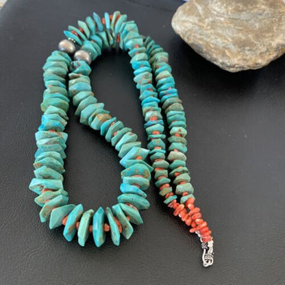 Authentic Navajo Green Turquoise & Spiny Oyster Necklace | Sterling Silver Pendant | 30" | 01852