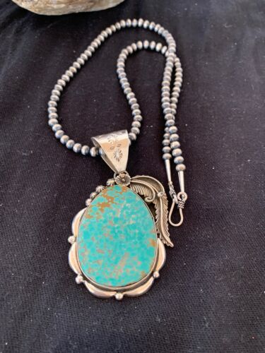 Men's Turquoise #8 Pendant | Navajo Pearls Sterling Silver Necklace | Authentic Native American Handmade | 4619