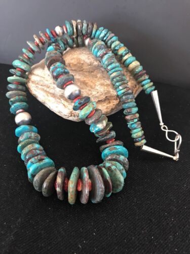 Navajo Blue Turquoise & Spiny Oyster Necklace | Sterling Silver | Authentic Native American | 24" | 202