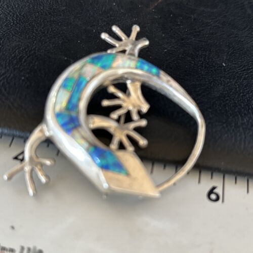 Navajo White Blue Opal Lizard Pin Pendant | Inlay Gecko | Sterling Silver | Authentic Native American Handmade | 14335