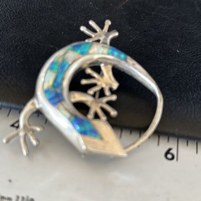 Navajo White Blue Opal Lizard Pin Pendant | Inlay Gecko | Sterling Silver | Authentic Native American Handmade | 14335