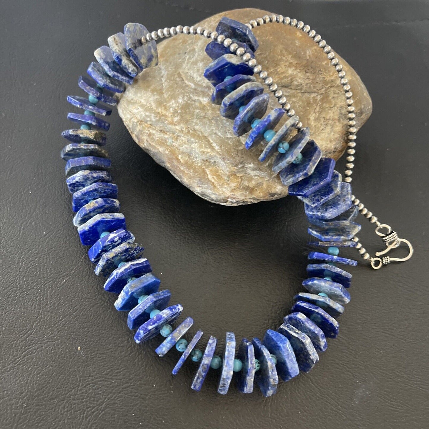 Men's Blue Lapis Turquoise Necklace | Sterling Silver Navajo Pearls | Authentic Native American Handmade | 20" | 13832