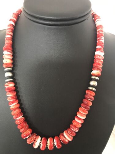 Navajo Red Spiny Oyster Necklace | Sterling Silver | Authentic Native American | Graduated 18" | 12715