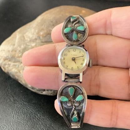 Authentic Navajo Sterling Silver Watch Tips | Old Pawn Blue Turquoise Band | Native American Jewelry | 1636