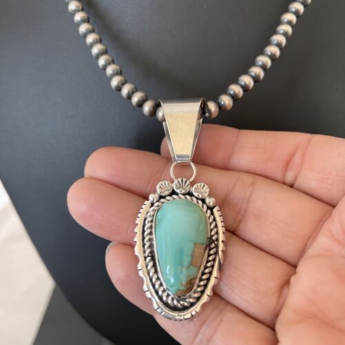 Women's Royston Turquoise Pendant Necklace | Navajo Pearls | Sterling Silver | Authentic Native American Handmade | 01183