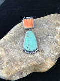 Navajo Blue Turquoise & Spiny Oyster Necklace Pendant | Sterling Silver | Native American Handmade | 10065
