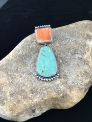Navajo Blue Turquoise & Spiny Oyster Necklace Pendant | Sterling Silver | Native American Handmade | 10065