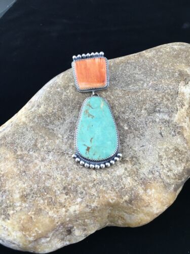 Navajo Blue Turquoise & Spiny Oyster Necklace Pendant | Sterling Silver | Native American Handmade | 10065