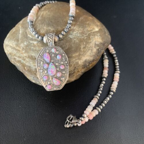 Navajo Pink Opal Beads Necklace with Multi-Stone Mother of Pearl Pendant | Sterling Silver | 13442