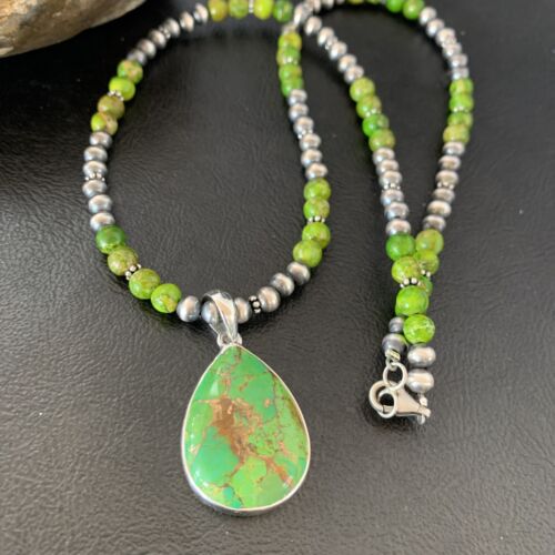 Women's Navajo Pearl Necklace with Green Mojave Turquoise Pendant | Sterling Silver | Native American Handmade | 11758