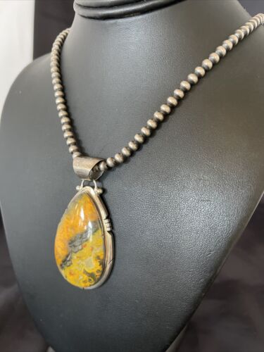 Men's Navajo Pearls Necklace with Bumblebee Jasper Pendant | Sterling Silver | Native American Handmade | 10548