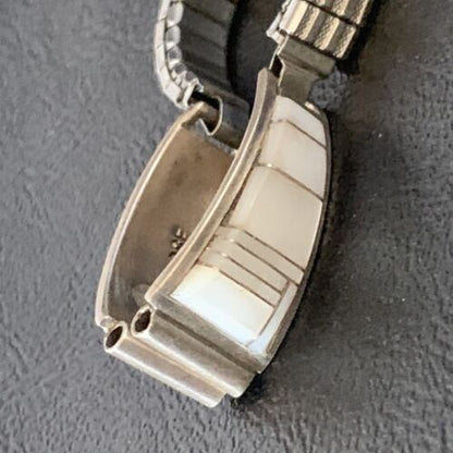 Navajo Sterling Silver Watch Tips with Pink Mother of Pearl Inlay Band | Authentic Native American Jewelry | 13693