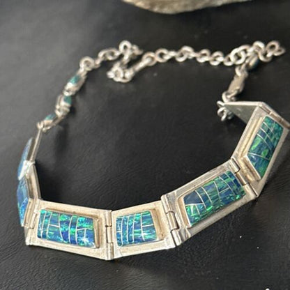 Native American Women's Blue Opal Navajo Necklace | Sterling Silver Inlay Pendant | 14649
