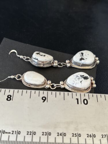 Navajo White Buffalo Turquoise Dangle Earrings | Sterling Silver | 2.5" | Authentic Native American Handmade | 14801