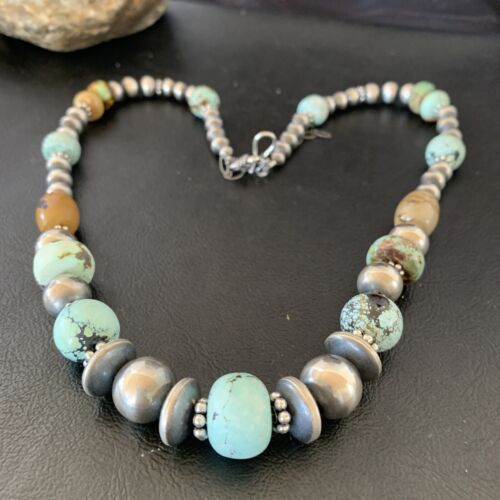 Navajo Pearl Dry Creek Turquoise Beads Necklace | Sterling Silver | 21" | Authentic Native American Handmade | 10980