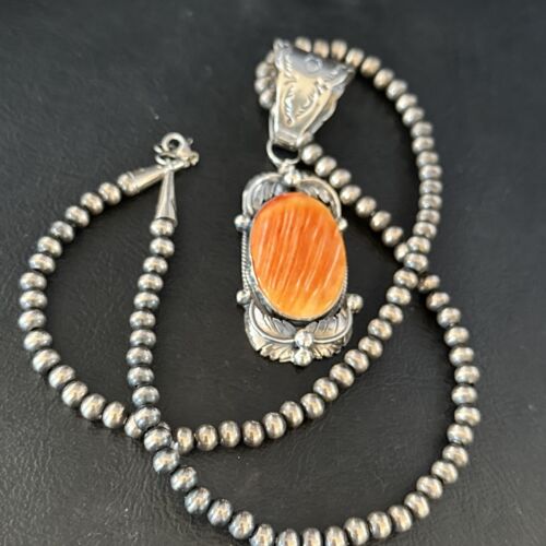 Navajo Orange Spiny Oyster Necklace Pendant | Sterling Silver | Authentic Native American Handmade | 14681