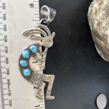 Navajo Kingman Turquoise Tufa Cast Kokopelli Pendant | Authentic Native American Sterling Silver | Multi-Stone | 14230