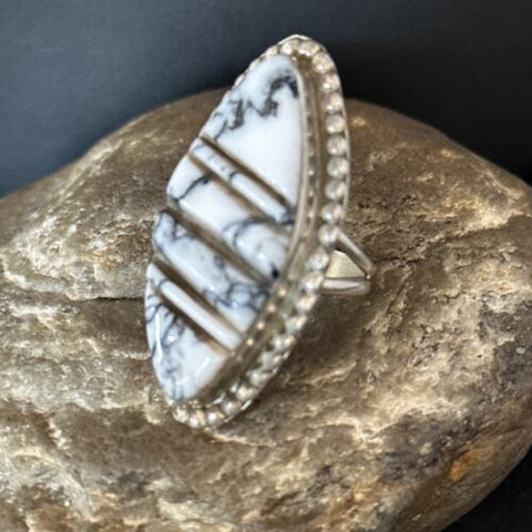 USA Navajo Sterling Silver White Buffalo Turquoise Inlay Ring Size 8.5 14553