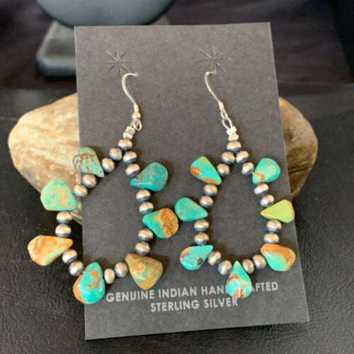 Navajo Green Cluster Turquoise Bead Earrings | Sterling Silver | Authentic Native American Handmade | 13370