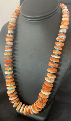 Navajo Turquoise & Orange Spiny Oyster Necklace | Sterling Silver | Authentic Native American | Graduated | 24" | 12733