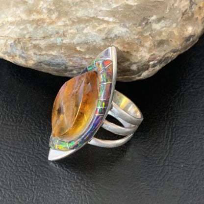 Navajo Sterling Silver Opal Inlay Ring | Sz 8 | Native American Handmade | Pomellato | 12854