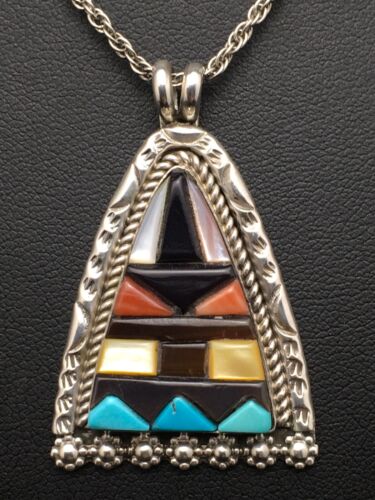 Navajo Multi-Color Turquoise Pendant Necklace | Sterling Silver | Authentic Native American Handmade | 20" | 4093