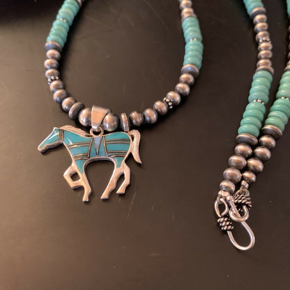 Navajo Horse Inlay Pendant | Blue Turquoise & Opal | Sterling Silver | Authentic Native American Handmade | 11469
