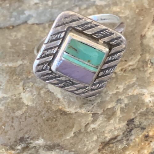 Navajo Green Turquoise Sugilite Inlay Ring | Sz 7 | Sterling Silver | Authentic Native American Handmade | 11287