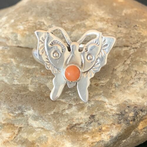 Navajo Orange Spiny Oyster Butterfly Ring | Sterling Silver | Sz Adj 8 | Authentic Native American Handmade | 10351